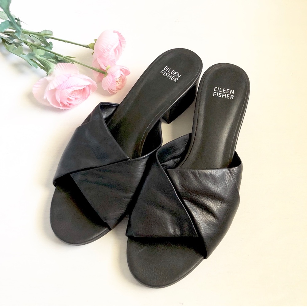 Eileen Fisher black leather chunky heel slides 10